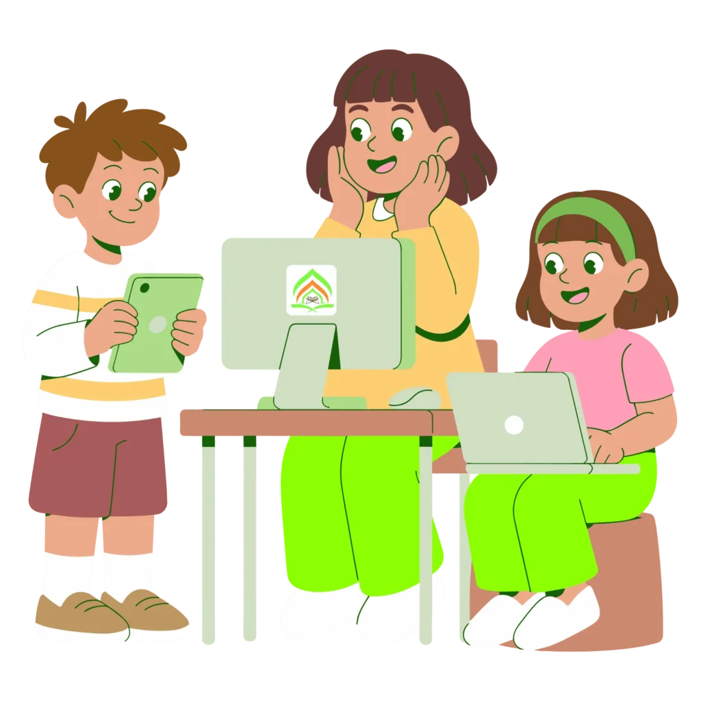 Muslim kids participating in local one-to-one online Quran and Islamic learning courses using a laptop, desktop computer, and tablet.