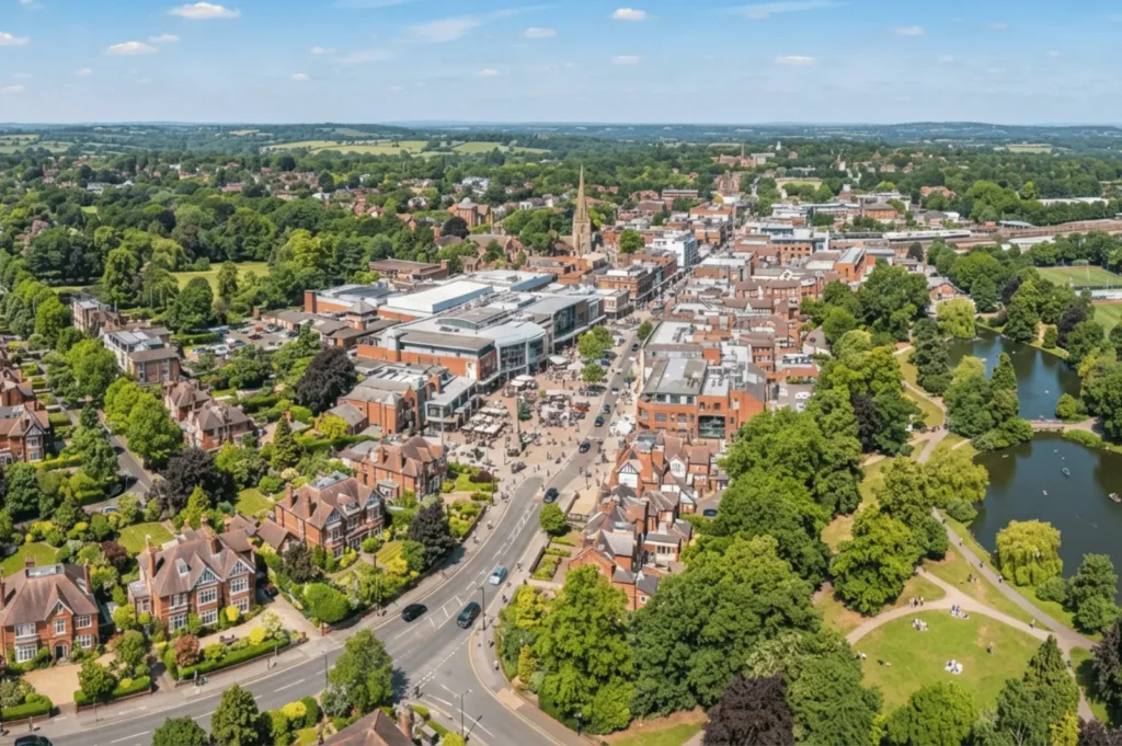 A stunning, ultra-realistic aerial view of Solihull, West Midlands, England, on a bright sunny day. Show clean residential neighborhoods, beautiful green parks, tree-lined streets, modern shopping areas, elegant homes, and a welcoming community atmosphere.